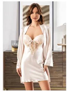 Miss Laris Dantelli İnce Askılı Göğüs Bağlamalı Saten Gecelik Sabahlık Takımı Miss Laris 5087