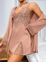 Dantelli İnce Askılı Uzun Kollu Sabahlık Gecelik Takım Pink Night 1538 Pudra