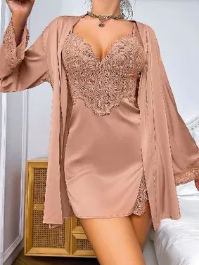 Pink Night Dantelli İnce Askılı Uzun Kollu Sabahlık Gecelik Takım Pink Night 1538 - Alternatif Görünüm