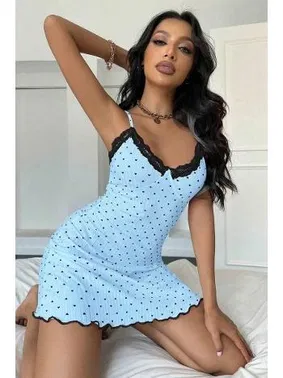 Ruselin Dantelli Kalpli İnce Askılı Mavi Kısa Gecelik Ruselin 5068