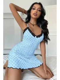 Ruselin Dantelli Kalpli İnce Askılı Mavi Kısa Gecelik Ruselin 5068