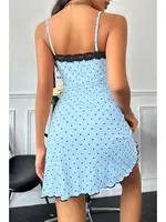 Dantelli Kalpli İnce Askılı Mavi Kısa Gecelik Ruselin 5068 Mavi görsel 5