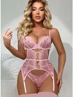 Dantelli Kalpli Pembe Bodysuit Jartiyer Takım Loomerie 392 Pembe