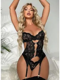 Loomerie Dantelli Kalpli Siyah Bodysuit Jartiyer Takım Loomerie 392