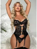 Dantelli Kalpli Siyah Bodysuit Jartiyer Takım Loomerie 392 Siyah