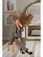 Dantelli Leopar Desen Kadın Pijama Sabahlık Takım İzabel SB-5014 Siyah
