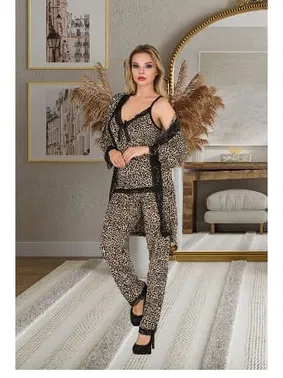 İzabel Dantelli Leopar Desen Kadın Pijama Sabahlık Takım İzabel SB-5014 - Alternatif Görünüm