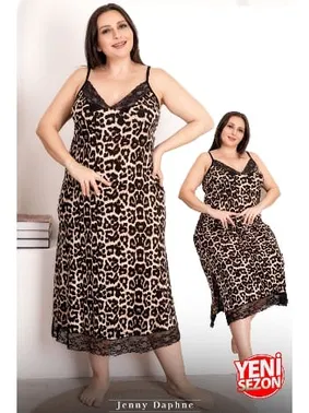 Lady Dantelli Leopar Desenli Büyük Beden Viskon Kumaş Askılı Kadın Elbise Lady 7254