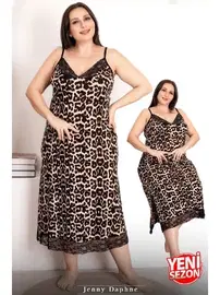 Lady Dantelli Leopar Desenli Büyük Beden Viskon Kumaş Askılı Kadın Elbise Lady 7254