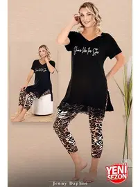 Lady Dantelli Leopar Desenli V Yaka Kısa Kollu Kapri Kadın Pijama Takımı Lady 12079