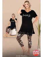 Dantelli Leopar Desenli V Yaka Kısa Kollu Kapri Kadın Pijama Takımı Lady 12079 Siyah
