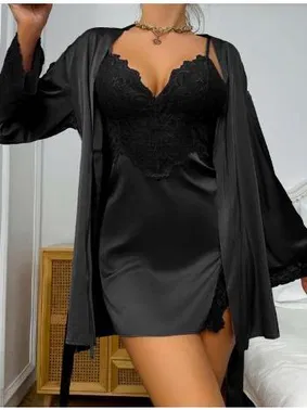 Real Passione Dantelli Sabahlıklı Siyah Kadın Saten Gecelik Takım Real Passione 3053