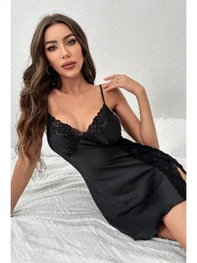 Merry See Dantelli Şık Yırtmaçlı Saten Gecelik Merry See MS 2374 Siyah