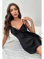 Dantelli Şık Yırtmaçlı Saten Gecelik Merry See MS 2374 Siyah Siyah