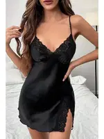 Dantelli Şık Yırtmaçlı Saten Gecelik Merry See MS 2374 Siyah Siyah görsel 5