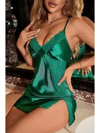 Merry See Dantelli Şık Yırtmaçlı Saten Gecelik Merry See MS 2374 Yeşil