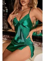 Dantelli Şık Yırtmaçlı Saten Gecelik Merry See MS 2374 Yeşil Yeşil