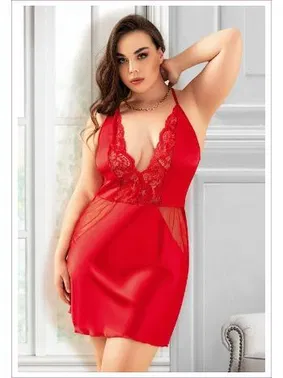 Miss Laris Dantelli Transparan Parçalı Sırtı Çapraz Askılı Büyük Beden Saten Gecelik Miss Laris 4042