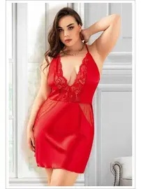 Miss Laris Dantelli Transparan Parçalı Sırtı Çapraz Askılı Büyük Beden Saten Gecelik Miss Laris 4042