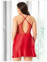 Dantelli Transparan Parçalı Sırtı Çapraz Askılı Büyük Beden Saten Gecelik Miss Laris 4042 Kırmızı detay görünüm