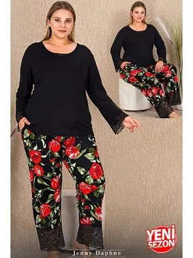 Lady Dantelli Uzun Kollu Büyük Beden Gül Desenli Pijama Takımı Lady 11422