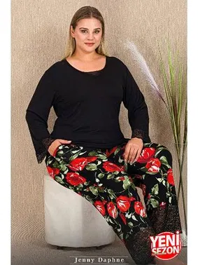Lady Dantelli Uzun Kollu Büyük Beden Gül Desenli Pijama Takımı Lady 11422 - Alternatif Görünüm