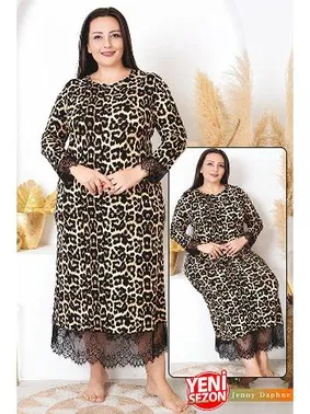 Lady Dantelli Uzun Kollu Leopar Desenli Büyük Beden Elbise Gecelik Lady 7284