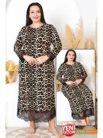 Lady Dantelli Uzun Kollu Leopar Desenli Büyük Beden Elbise Gecelik Lady 7284