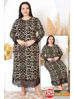 Dantelli Uzun Kollu Leopar Desenli Büyük Beden Elbise Gecelik Lady 7284 Siyah