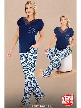 Lady Dantelli V Yaka Kısa kollu Desenli Pijama Takımı Lady 12672