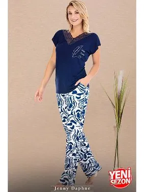 Lady Dantelli V Yaka Kısa kollu Desenli Pijama Takımı Lady 12672 - Alternatif Görünüm