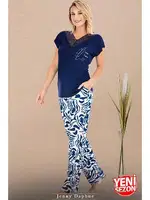 Dantelli V Yaka Kısa kollu Desenli Pijama Takımı Lady 12672 Lacivert detay görünüm