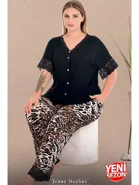 Lady Dantelli V Yaka Kısa Kollu Leopar Desenli Büyük Beden Kadın Pijama Takımı Lady 11012