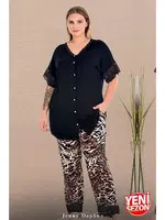 Dantelli V Yaka Kısa Kollu Leopar Desenli Büyük Beden Kadın Pijama Takımı Lady 11012 Siyah detay görünüm