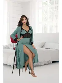 İzabel Dantelli Yeşil Büyük Beden Uzun Sabahlık Gecelik Takımı İzabel 7005