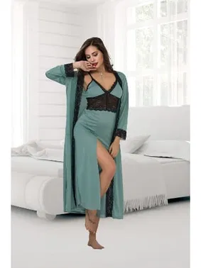 İzabel Dantelli Yeşil Büyük Beden Uzun Sabahlık Gecelik Takımı İzabel 7005 - Alternatif Görünüm