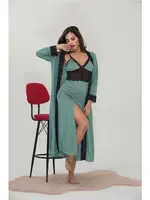 Dantelli Yeşil Büyük Beden Uzun Sabahlık Gecelik Takımı İzabel 7005 Yeşil farklı açı