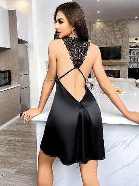 Pink Night Degaje Yaka Çapraz Sırt Dekolteli Siyah Kısa Saten Gecelik Pink Night 3804 - Alternatif Görünüm