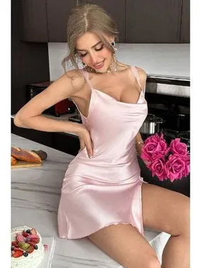 Ruselin Degaje Yaka Dantel Askılı Saten Yırtmaçlı Fantazi Gecelik Ruselin 2224 - Alternatif Görünüm