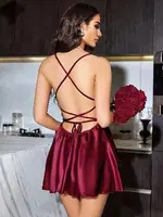 Degaje Yaka Saten Sırtı Çapraz Bağlamalı Gecelik Sabahlık Takım Pink Night 1501 Bordo detay görünüm