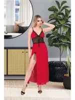 Derin Yırtmaçlı Dantelli Uzun Fantazi Kadın Gecelik İzabel 2006 Kırmızı