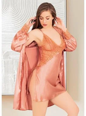 Miss Laris Derin Yırtmaçlı İnce Askılı Saten Gecelik Sabahlık Takımı Miss Laris 5048