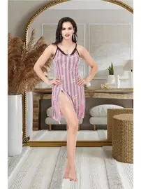 İzabel Derin Yırtmaçlı İp Askılı Şeritli Fantazi Gecelik İzabel T-1004
