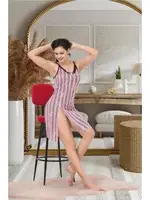 Derin Yırtmaçlı İp Askılı Şeritli Fantazi Gecelik İzabel T-1004 Pembe detay görünüm