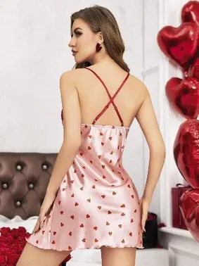 Ruselin Derin Yırtmaçlı Kalpli Dantelli Kısa Saten Gecelik Ruselin 2220 - Alternatif Görünüm