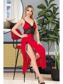 İzabel Derin Yırtmaçlı Kırmızı Uzun Gecelik Elbise İzabel UE-2020