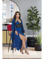 Derin Yırtmaçlı Mavi Uzun Gecelik Sabahlık Takımı İzabel US-6014 Mavi
