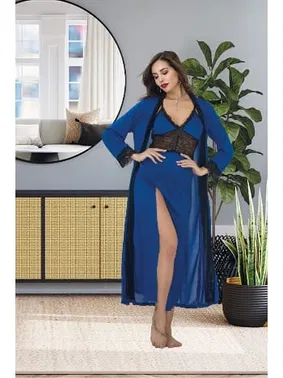 İzabel Derin Yırtmaçlı Mavi Uzun Gecelik Sabahlık Takımı İzabel US-6014 - Alternatif Görünüm