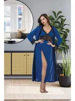 Derin Yırtmaçlı Mavi Uzun Gecelik Sabahlık Takımı İzabel US-6014 Mavi detay görünüm