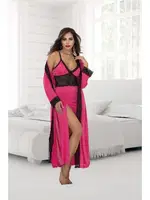 Derin Yırtmaçlı Uzun Dantelli Büyük Beden Sabahlık Gecelik Takım İzabel 7004 Fuşya